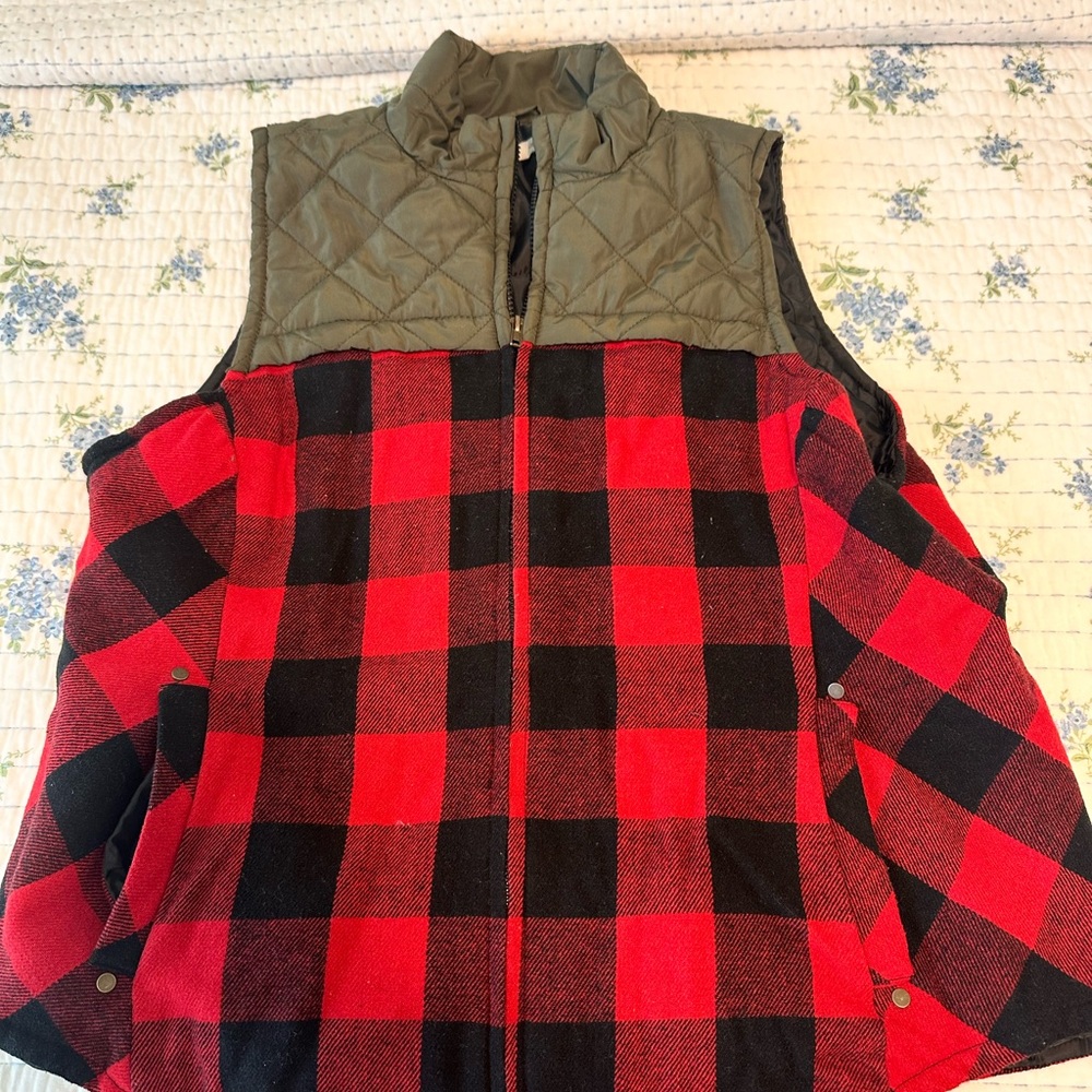 Red and Black Plaid Puffer Vest